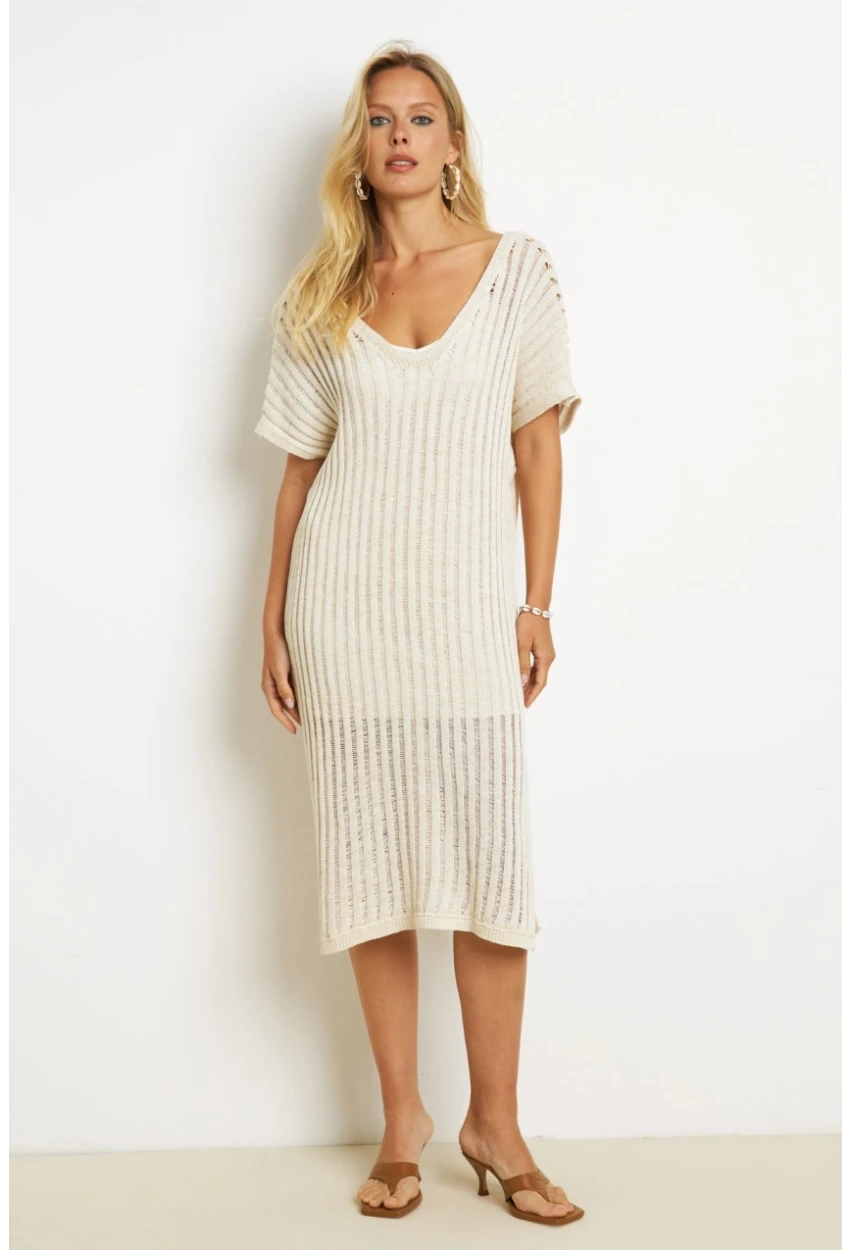 Kadın Ekru Astarlı Simli Triko Midi Elbise ET04