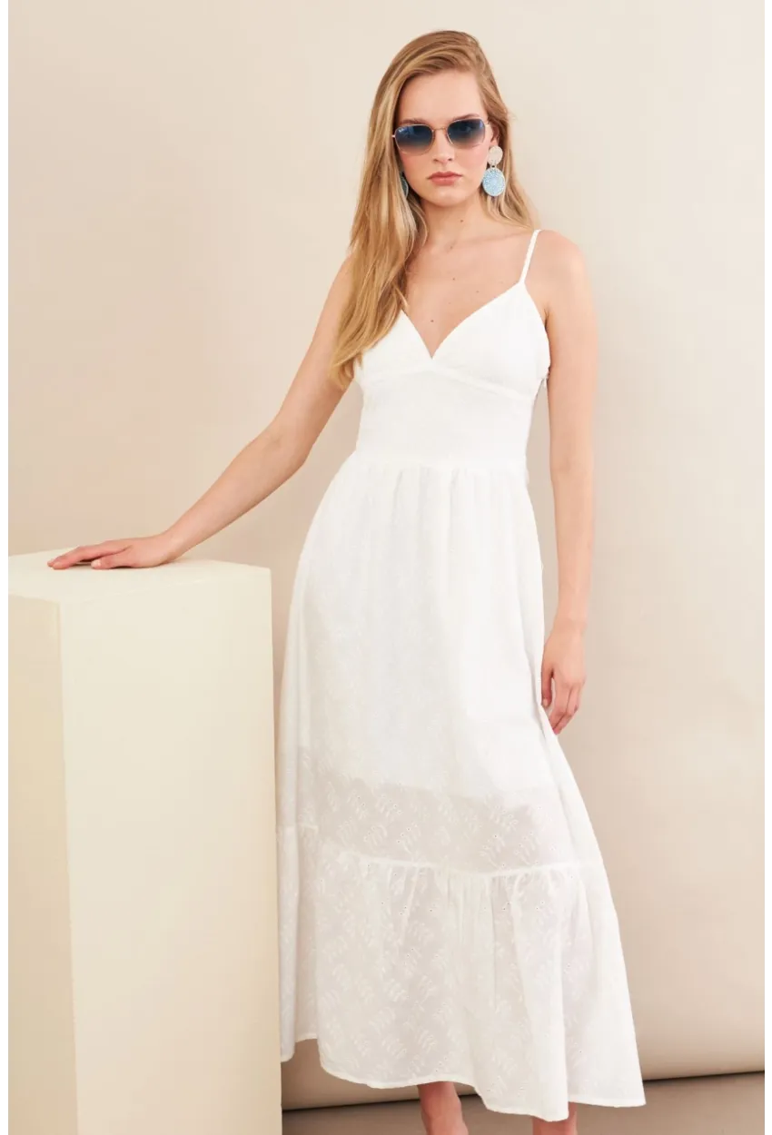 Kadın Ekru Ayarlanabilir Askılı Fistolu Midi Elbise İRE100