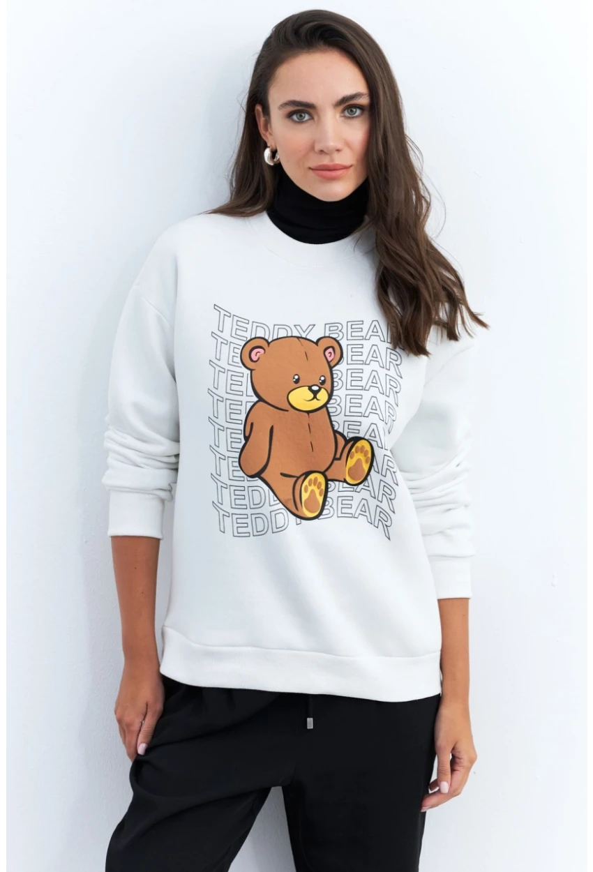 Kadın Ekru Ayıcık Baskılı Sweatshirt MZM288