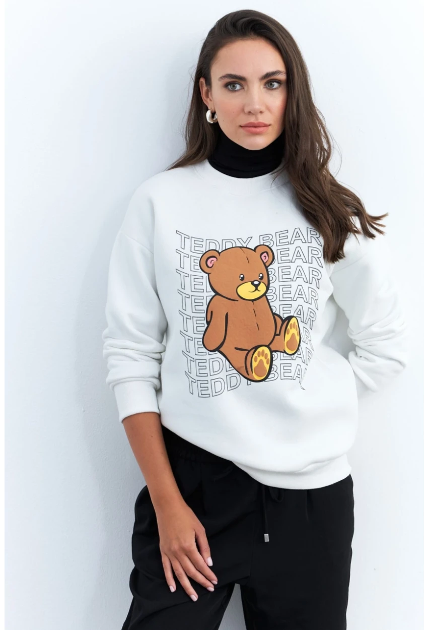 Kadın Ekru Ayıcık Baskılı Sweatshirt ZM288