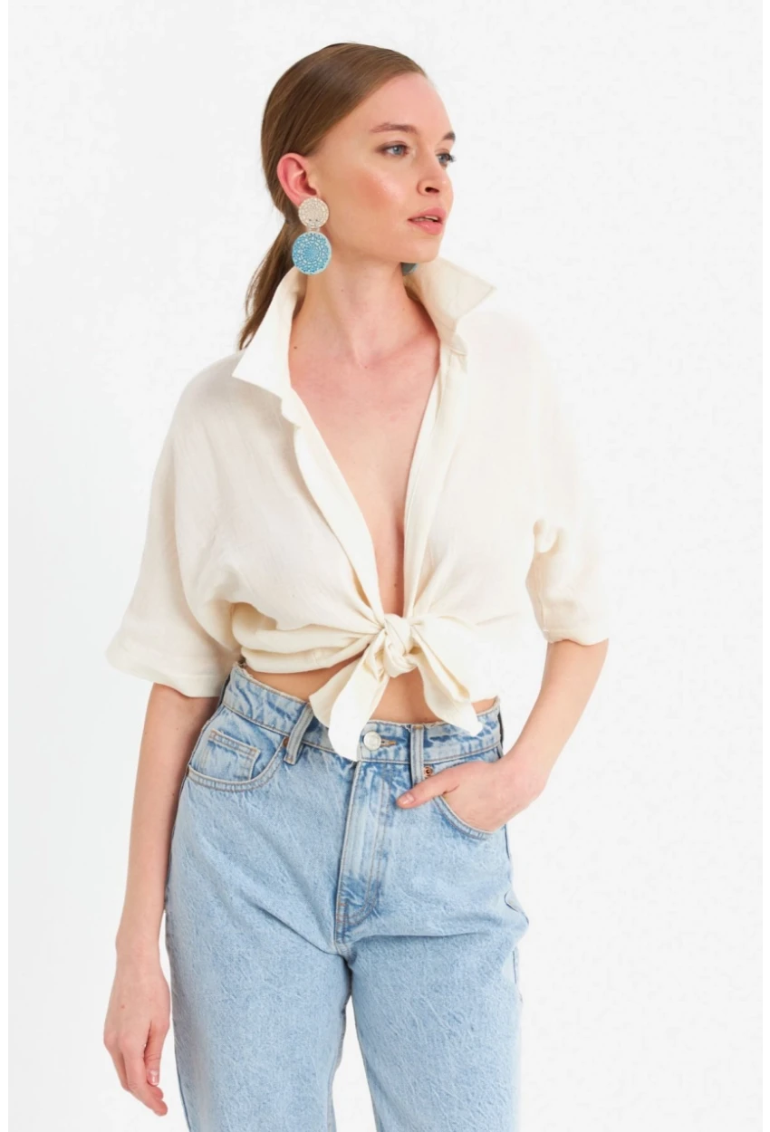 Kadın Ekru Bağlamalı Keten Bluz BTH16