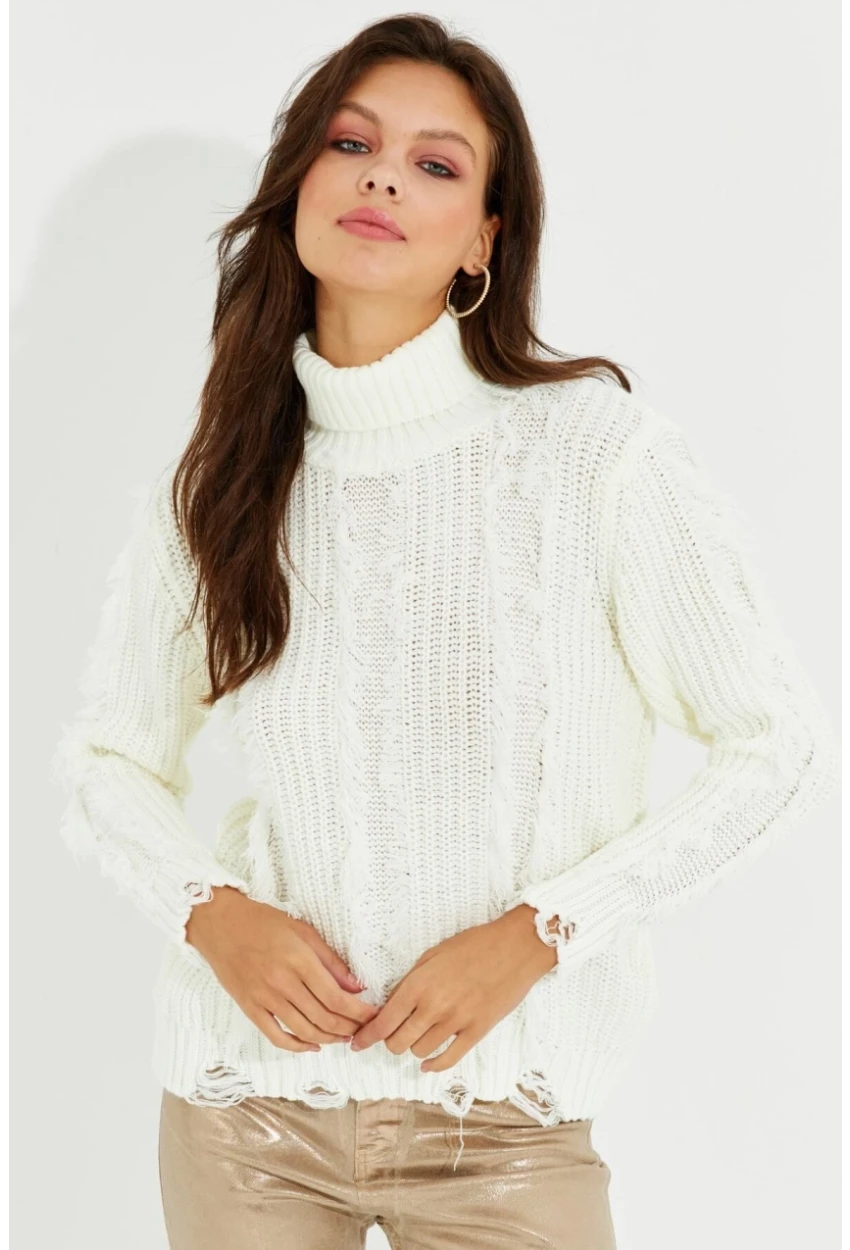 Kadın Ekru Balıkçı Yaka Püsküllü Triko Kazak KZ2471