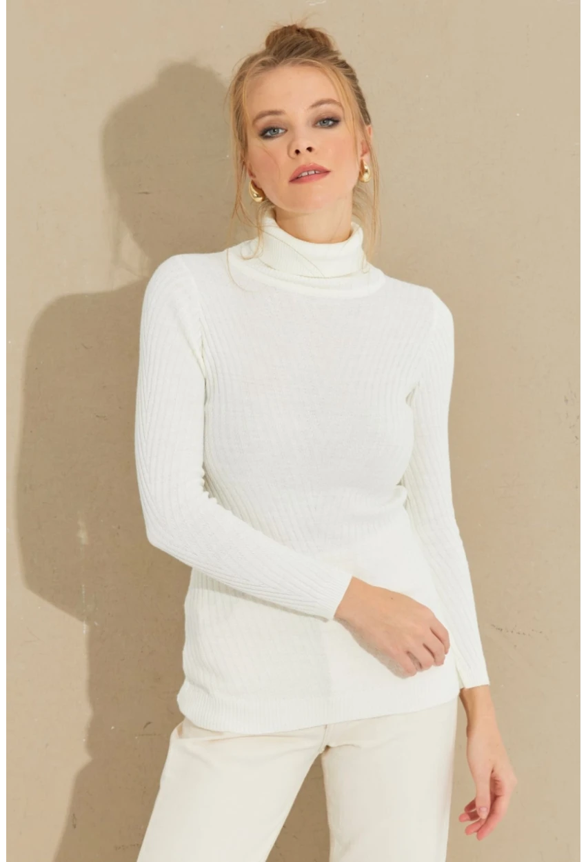 Kadın Ekru Balıkçı Yaka Triko Bluz MMSS128