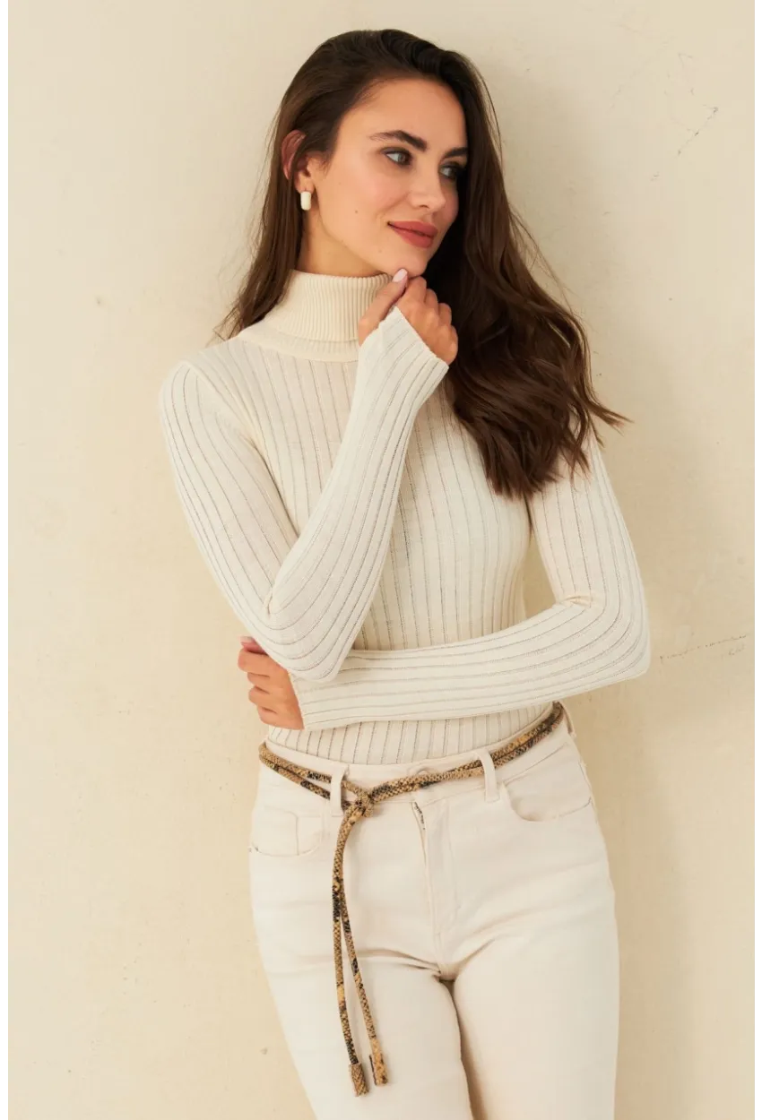 Kadın Ekru Balıkçı Yaka Triko Bluz MYV102-90