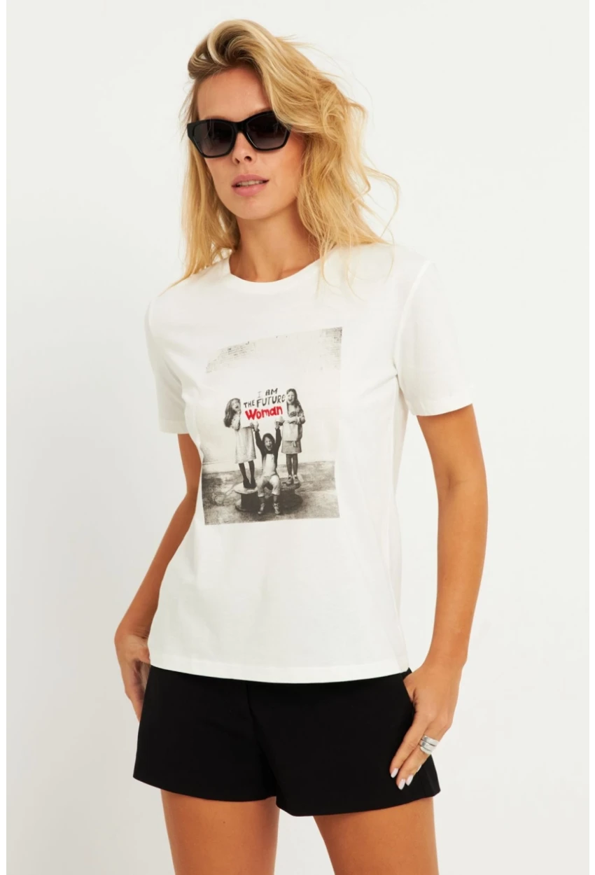 Kadın Ekru Baskılı T-Shirt AYD322