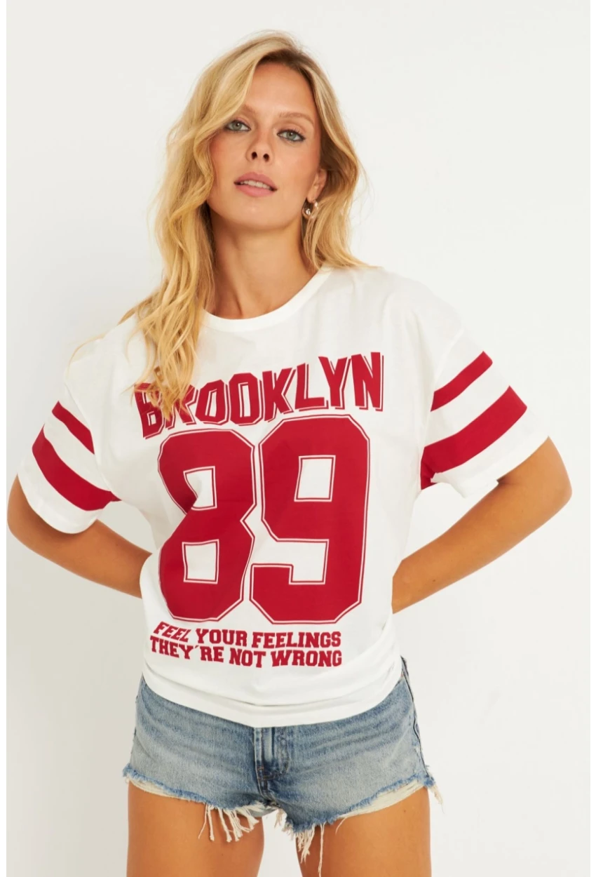 Kadın Ekru Baskılı T-Shirt AYD323