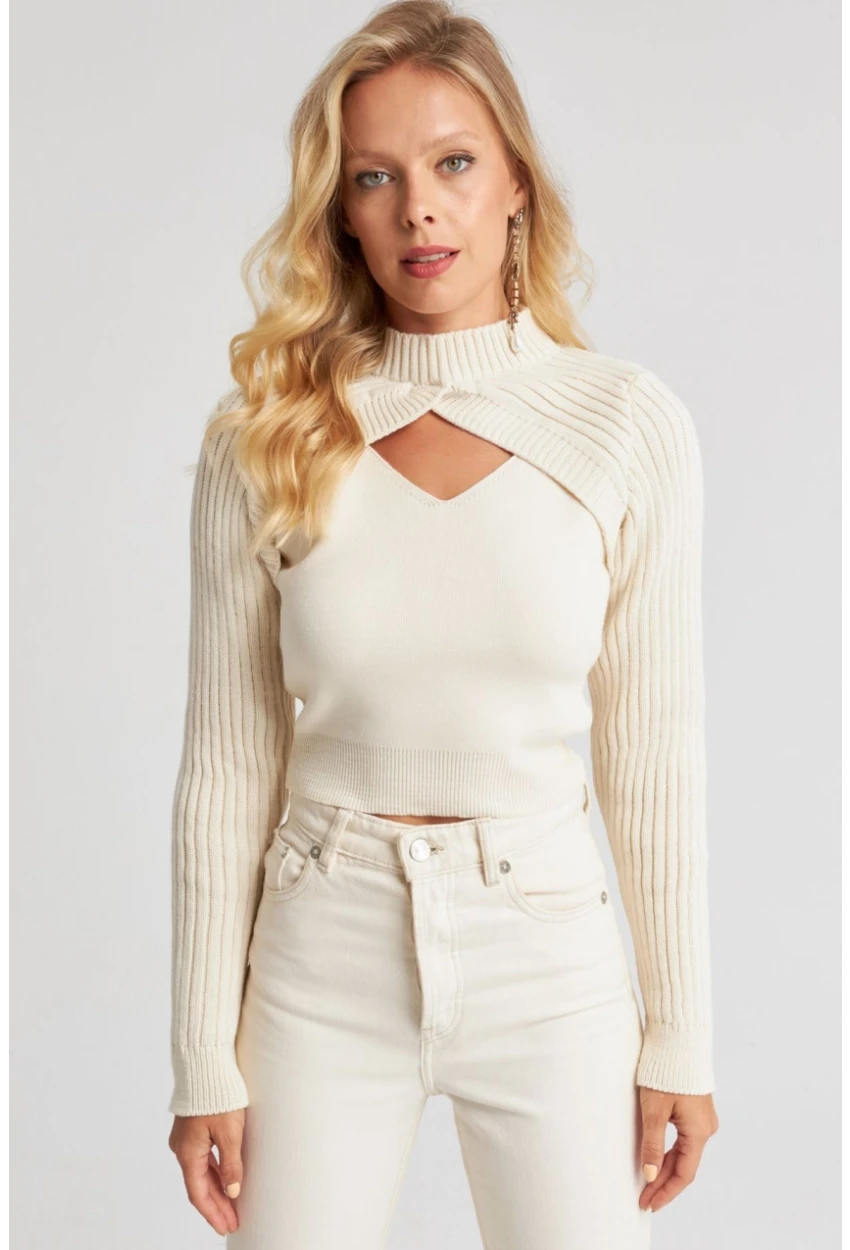 Kadın Ekru Bolerolu Triko Takım YZ524