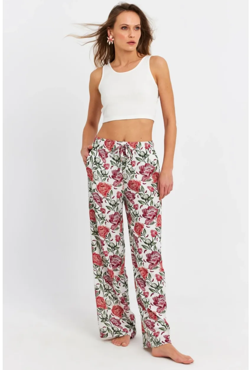 Kadın Ekru-Bordo Çiçek Desenli Pantolon FLS03