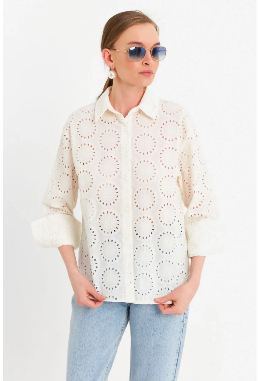 Kadın Ekru Brode Gömlek MCAR1144