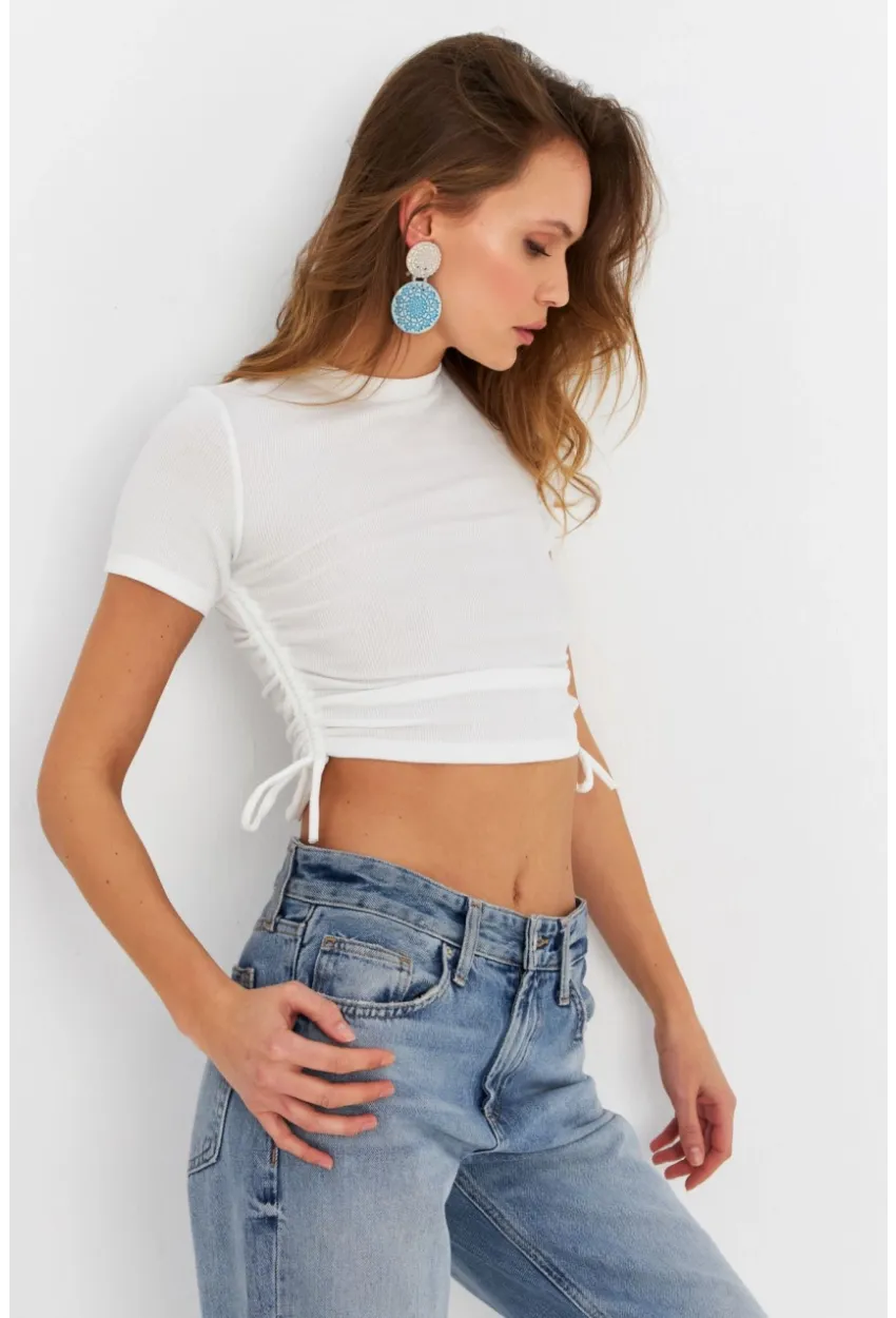 Kadın Ekru Büzgülü Crop Bluz ANT103