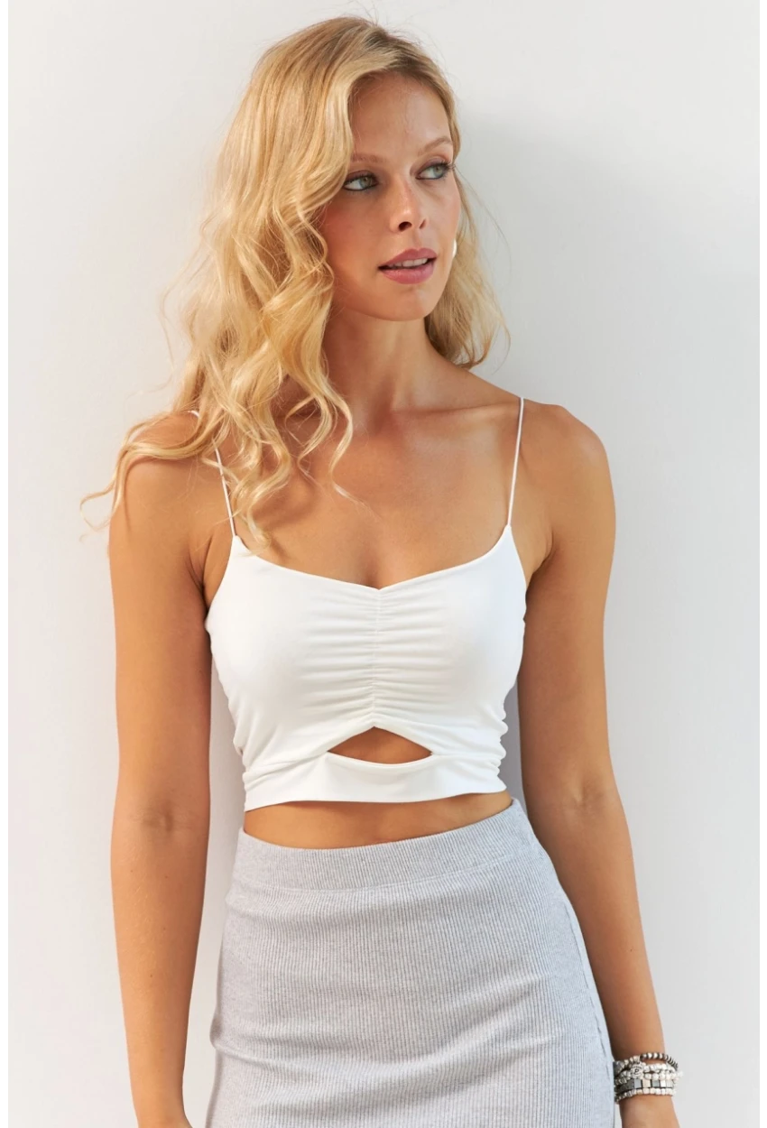 Kadın Ekru Büzgülü Crop Bluz MSH125