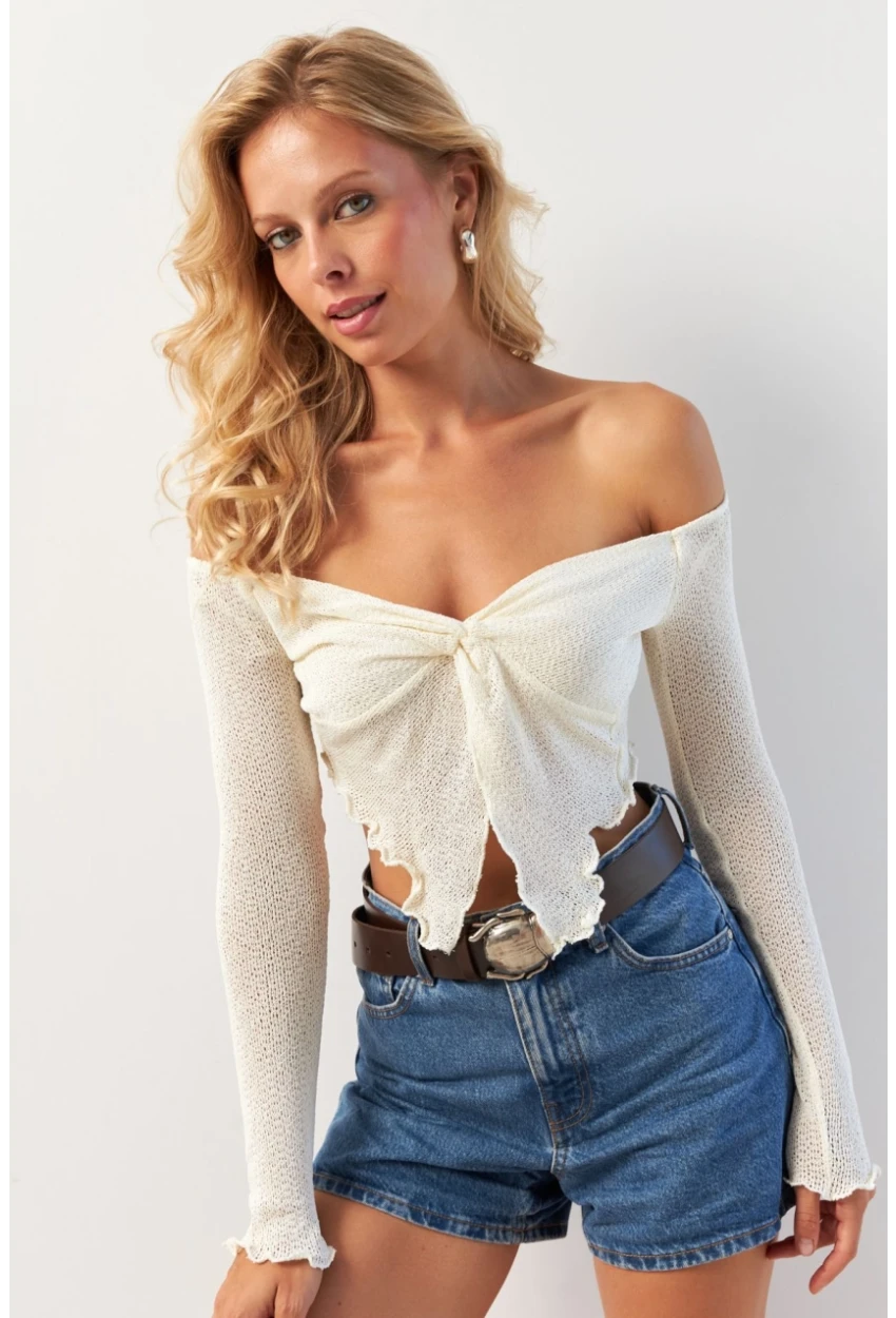 Kadın Ekru Büzgülü File Bluz OW146