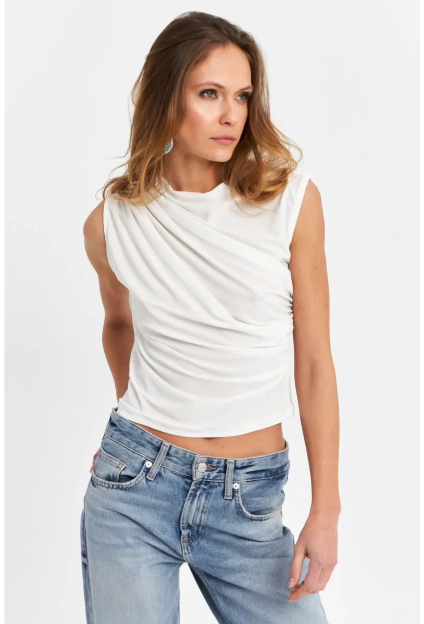 Kadın Ekru Büzgülü Kolsuz Bluz LPP1205-90