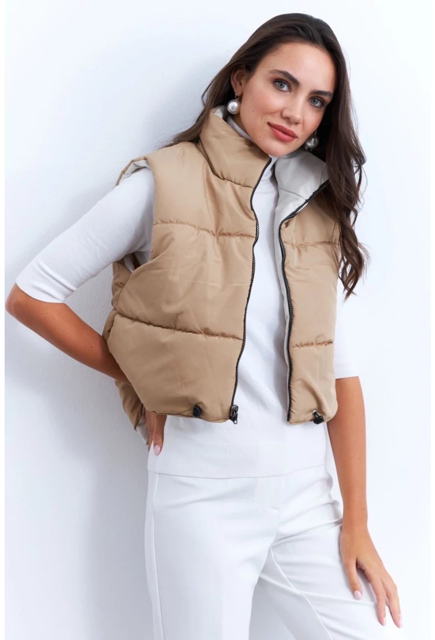 Kadın Ekru-Camel Çift Taraflı Şişme Kısa Yelek MX12