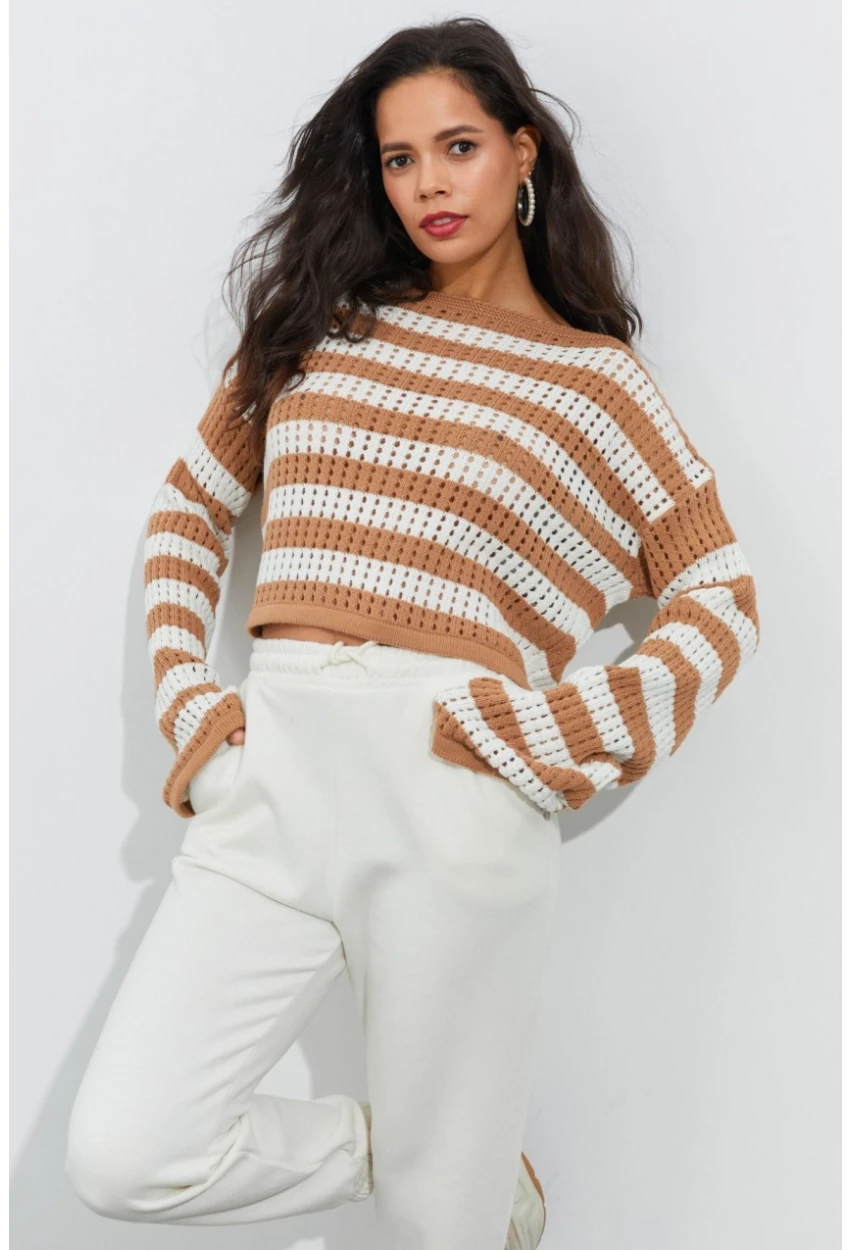 Kadın Ekru-Camel İspanyol Kol Ajurlu Triko Kısa Bluz YV109
