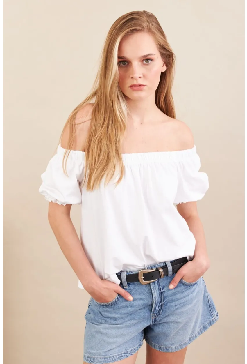 Kadın Ekru Carmen Yaka Balon Kol Bluz SAN106