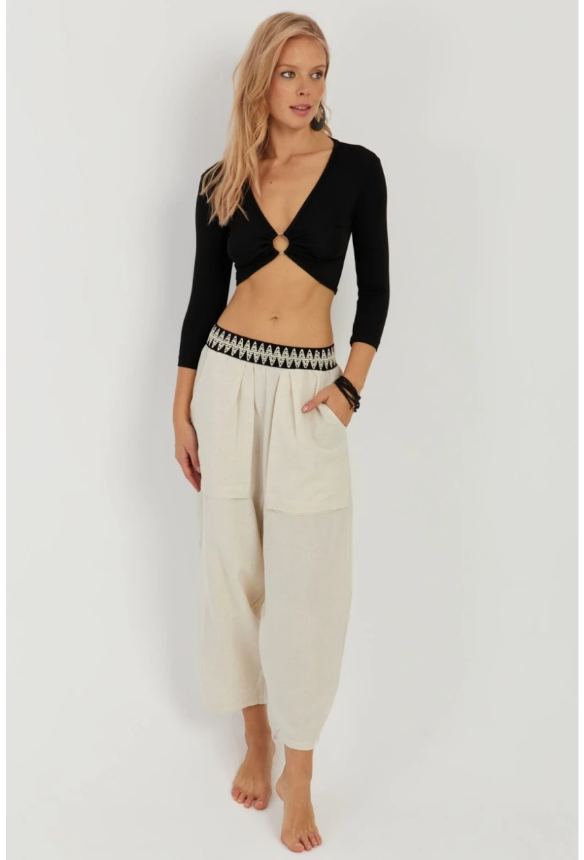 Kadın Ekru Cepli Şalvar Pantolon ÖM1203