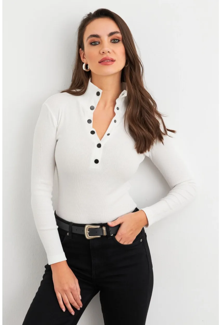 Kadın Ekru Çıtçıtlı Kaşkorse Bluz EY2983