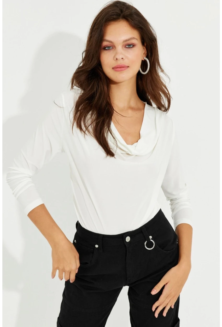 Kadın Ekru Degaje Yaka Bluz LPP1234