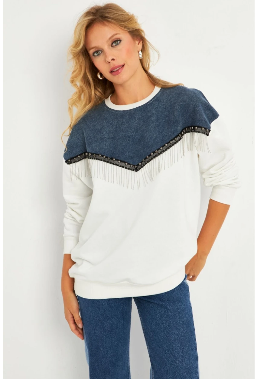 Kadın Ekru Denim Bloklu Sweatshirt PKA808