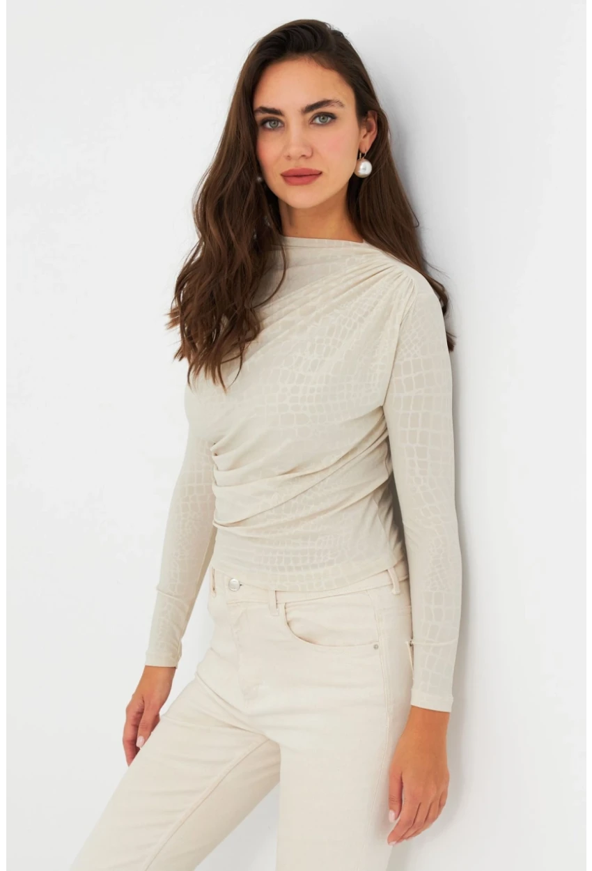 Kadın Ekru Desenli Büzgülü Bluz LPP1279