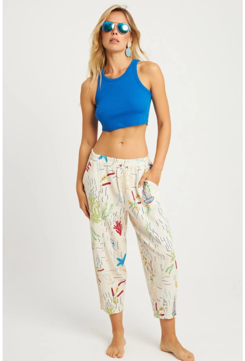 Kadın Ekru Desenli Keten Şalvar Pantolon K1253