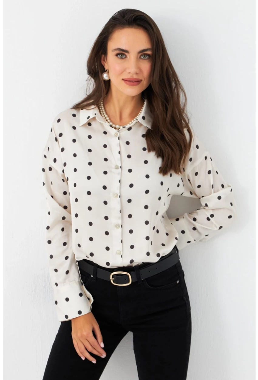 Kadın Ekru Desenli Saten Gömlek MSHR500