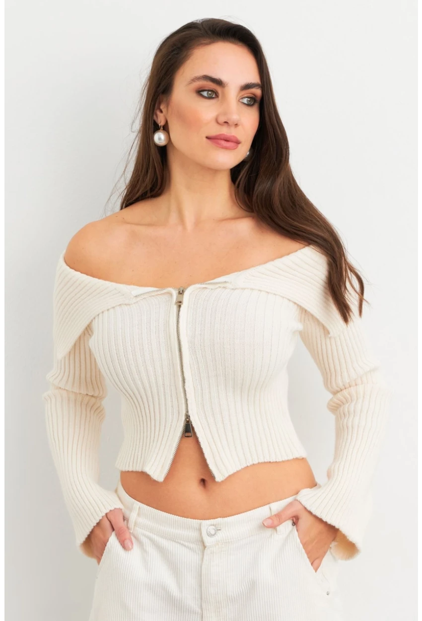 Kadın Ekru Devrik Yaka Kısa Hırka TEM103