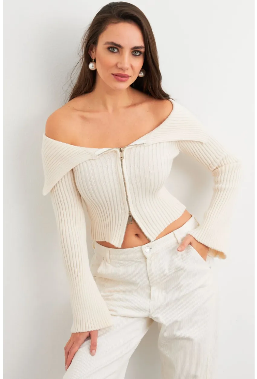Kadın Ekru Devrik Yaka Kısa Hırka TEM103
