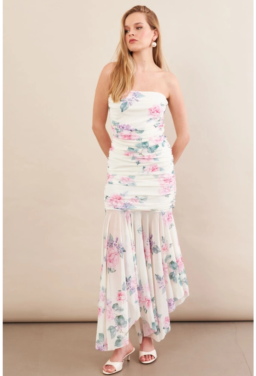 Kadın Ekru Drapeli Straplez Midi Tül Elbise ERL101