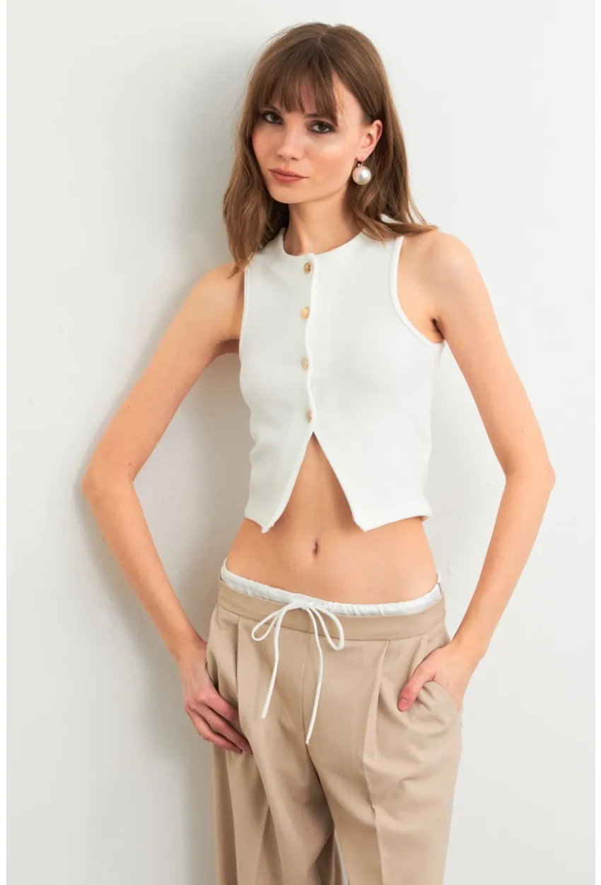 Kadın Ekru Düğme Detaylı Bluz CY354