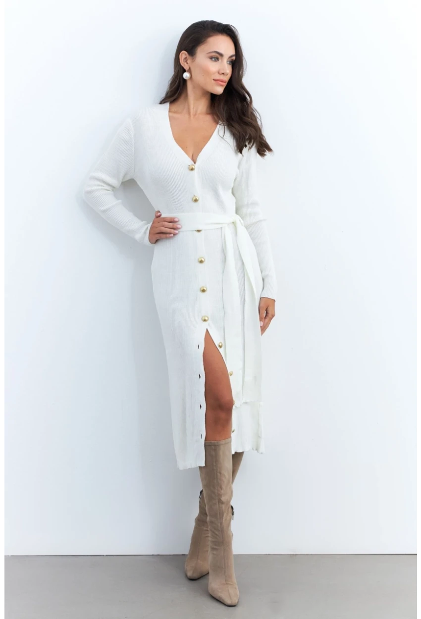 Kadın Ekru Düğme Detaylı Kuşaklı Midi Elbise MŞ1