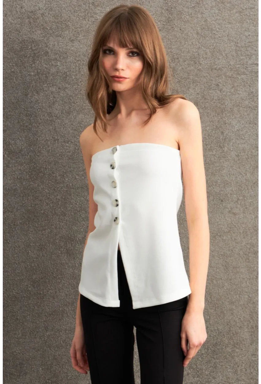 Kadın Ekru Düğme Detaylı Straplez Bluz CY355