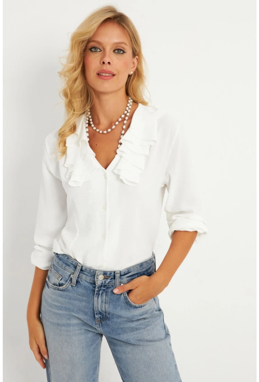 Kadın Ekru Fırfırlı Gömlek RLO19