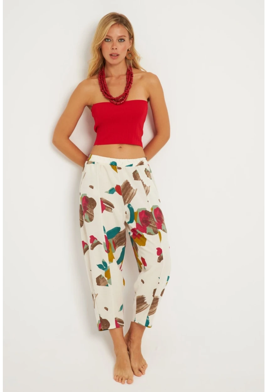 Kadın Ekru-Fuşya Desenli Keten Şalvar Pantolon K1253