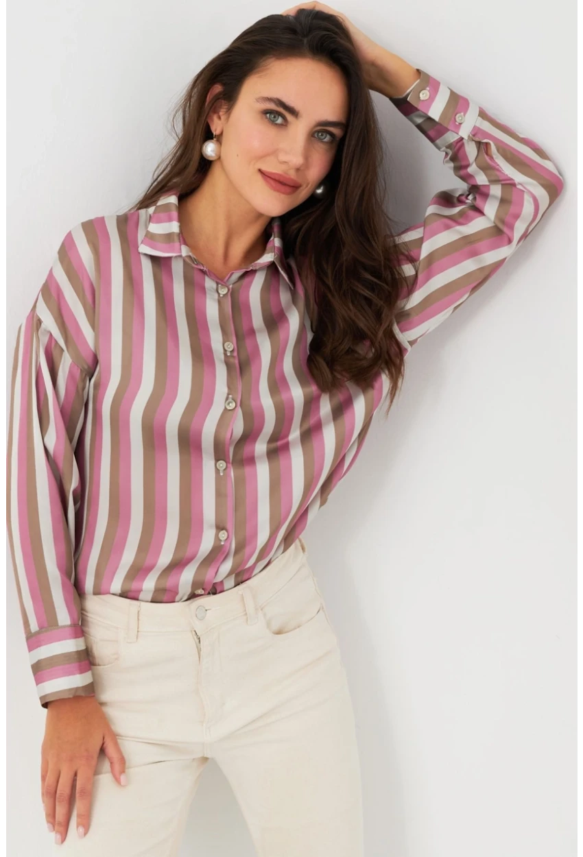 Kadın Ekru-Fuşya Desenli Saten Gömlek MSHR500