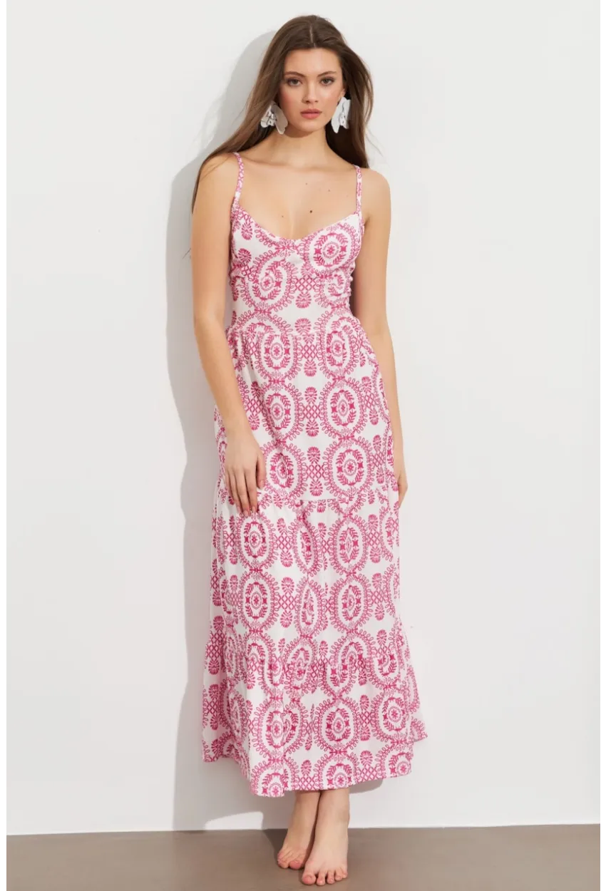 Kadın Ekru-Fuşya Sırt Dekolteli Desenli Maxi Elbise LİT110