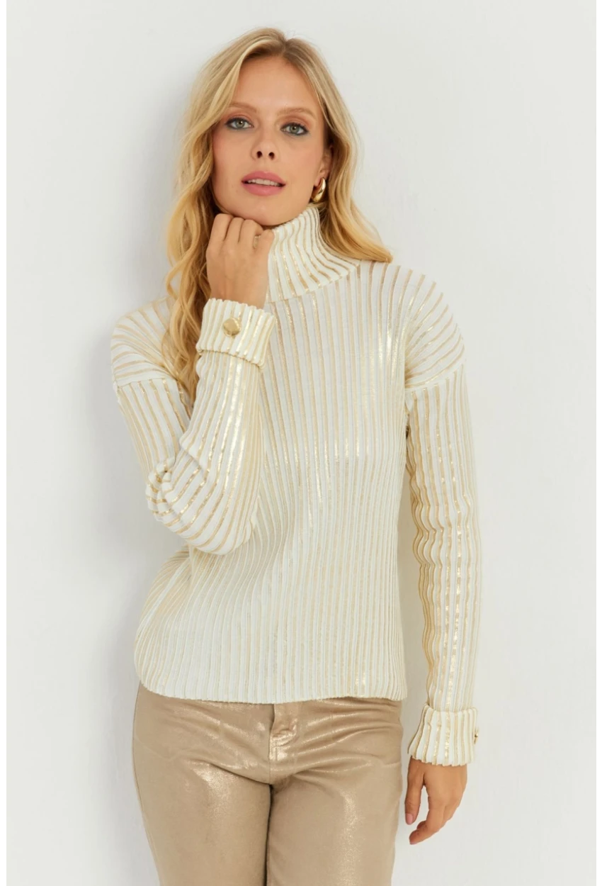 Kadın Ekru-Gold Düğme Detaylı Varaklı Triko Kazak SF2532