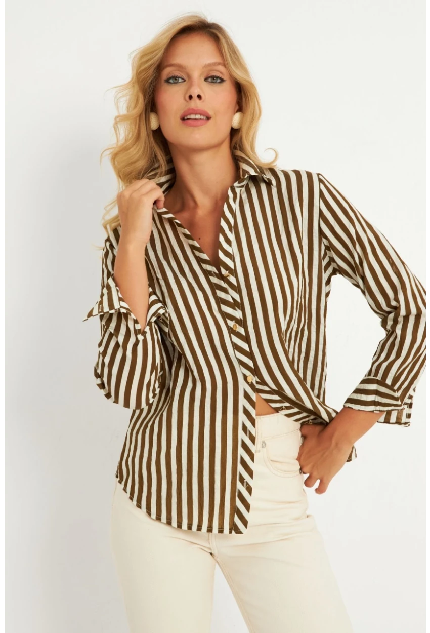 Kadın Ekru-Haki Çizgili Gömlek KED709