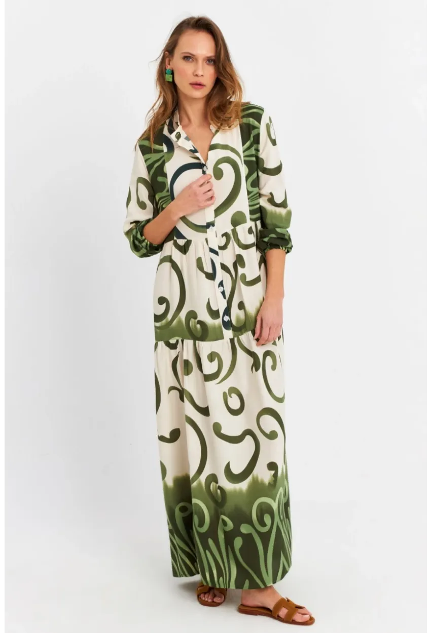 Kadın Ekru-Haki Desenli Salaş Maxi Elbise MASF0020