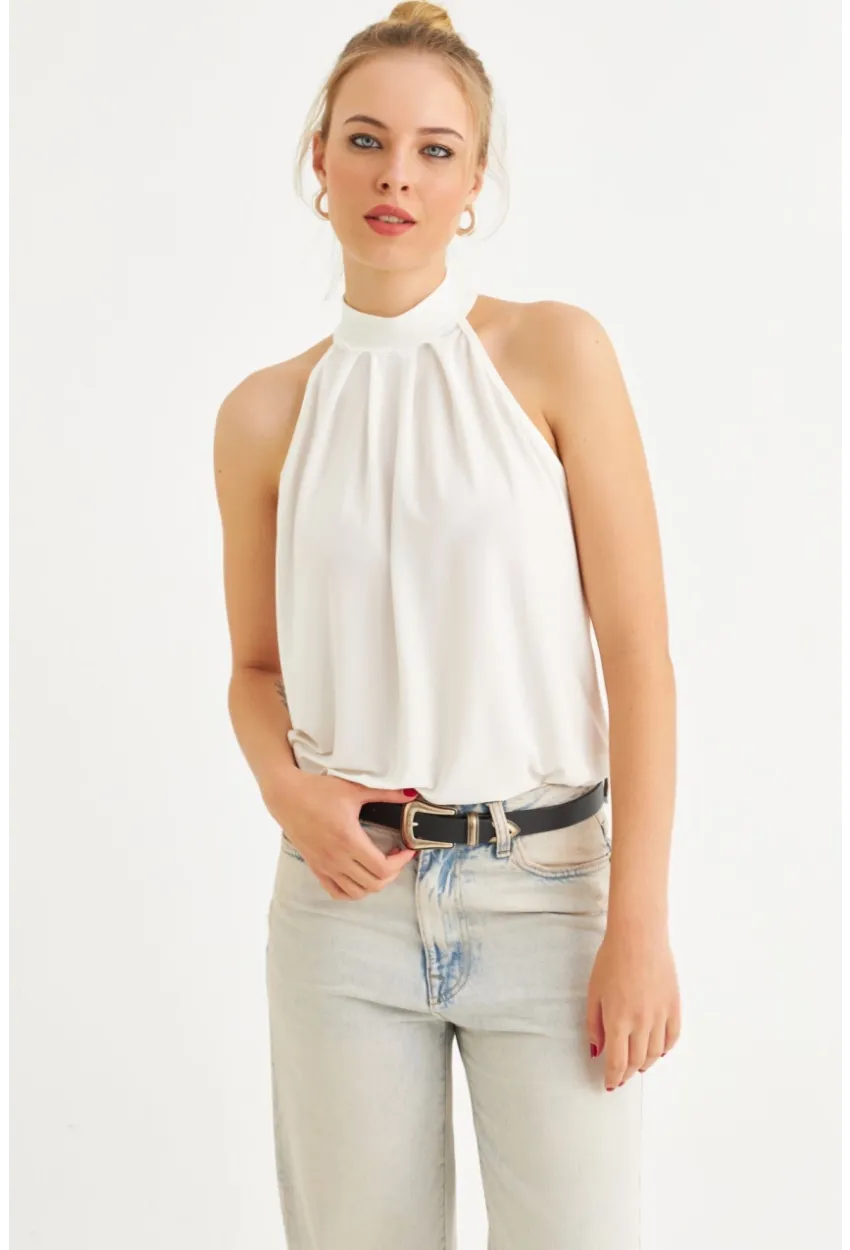 Kadın Ekru Halter Yaka Desenli Bluz LPP1273