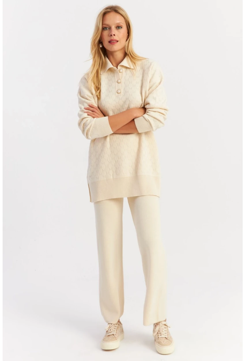 Kadın Ekru İnci Düğmeli Triko Alt Üst Takım NUV33