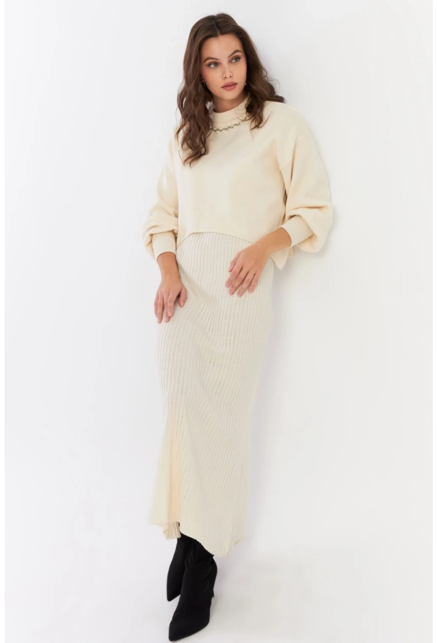 Kadın Ekru İncili Alt Üst Triko Takım NUV37