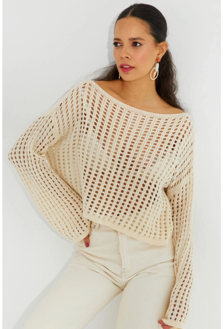Kadın Ekru İspanyol Kol Ajurlu Triko Kısa Bluz SMT181