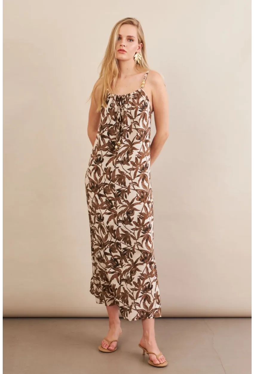 Kadın Ekru-Kahve Boyun Bağlamalı Midi Elbise AN6005