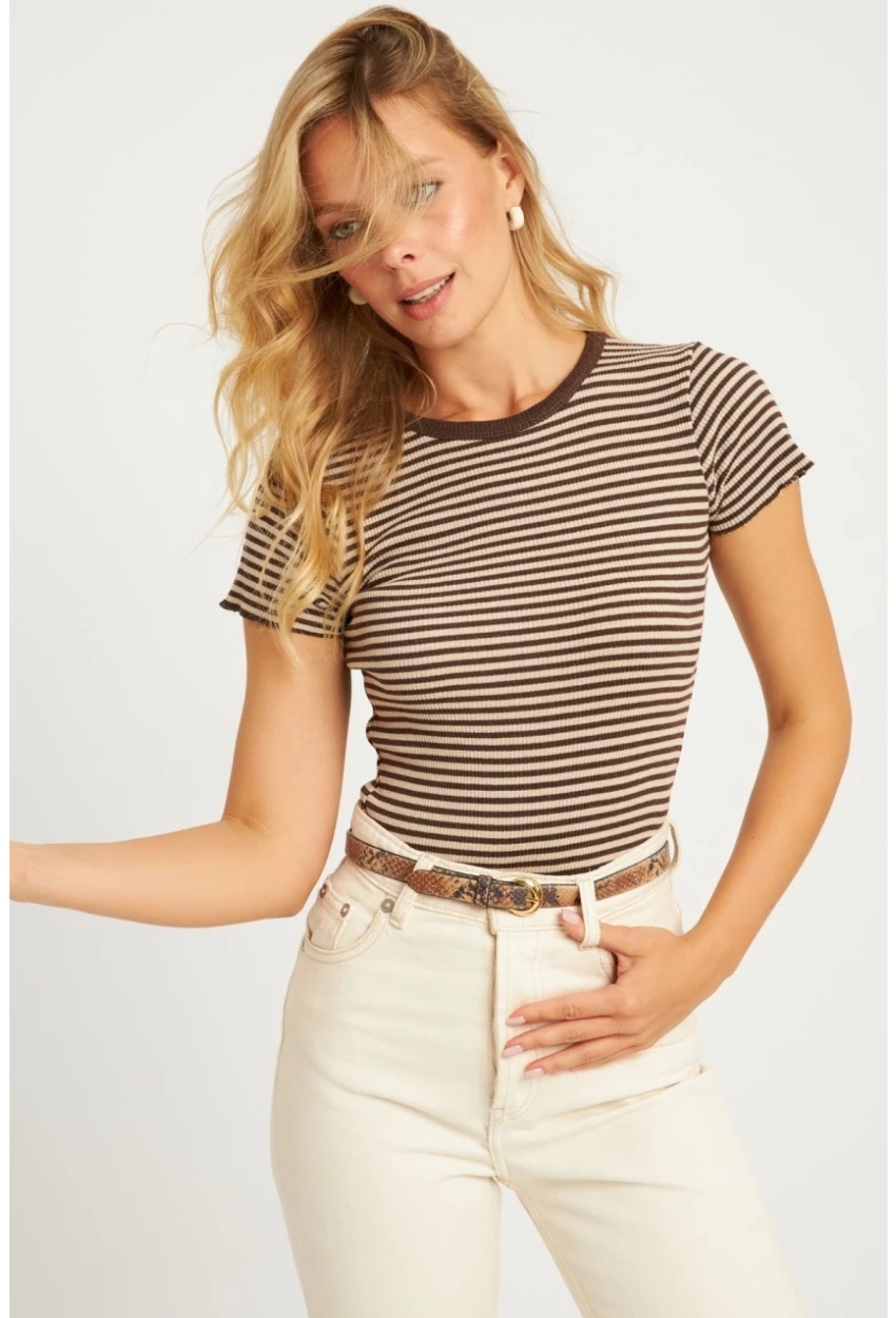 Kadın Ekru-Kahve Çizgili Bluz XL2005