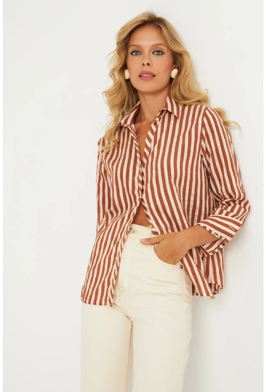 Kadın Ekru-Kahve Çizgili Gömlek KED709