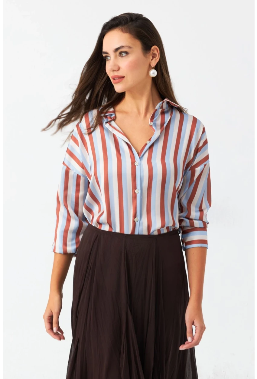 Kadın Ekru-Kahve Çizgili Saten Gömlek SHR9