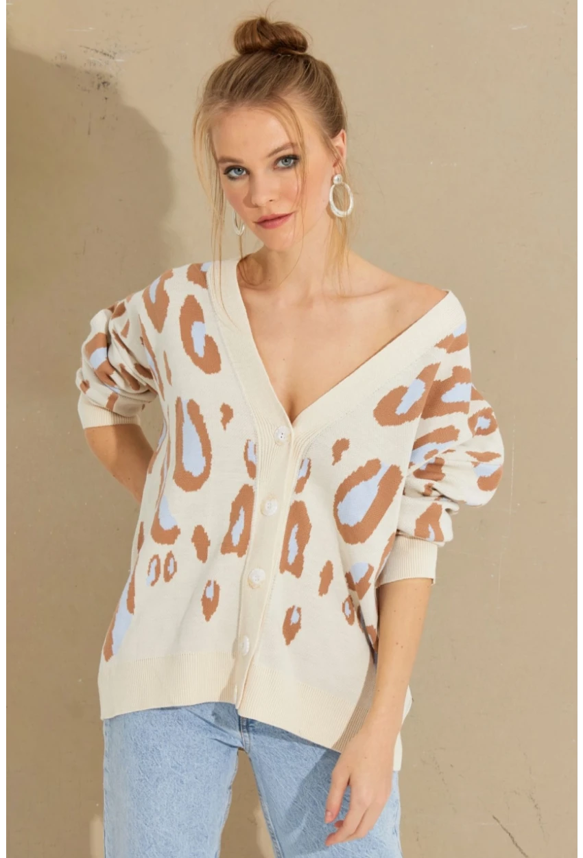Kadın Ekru-Kahve Desenli Düğmeli Hırka KZ2495