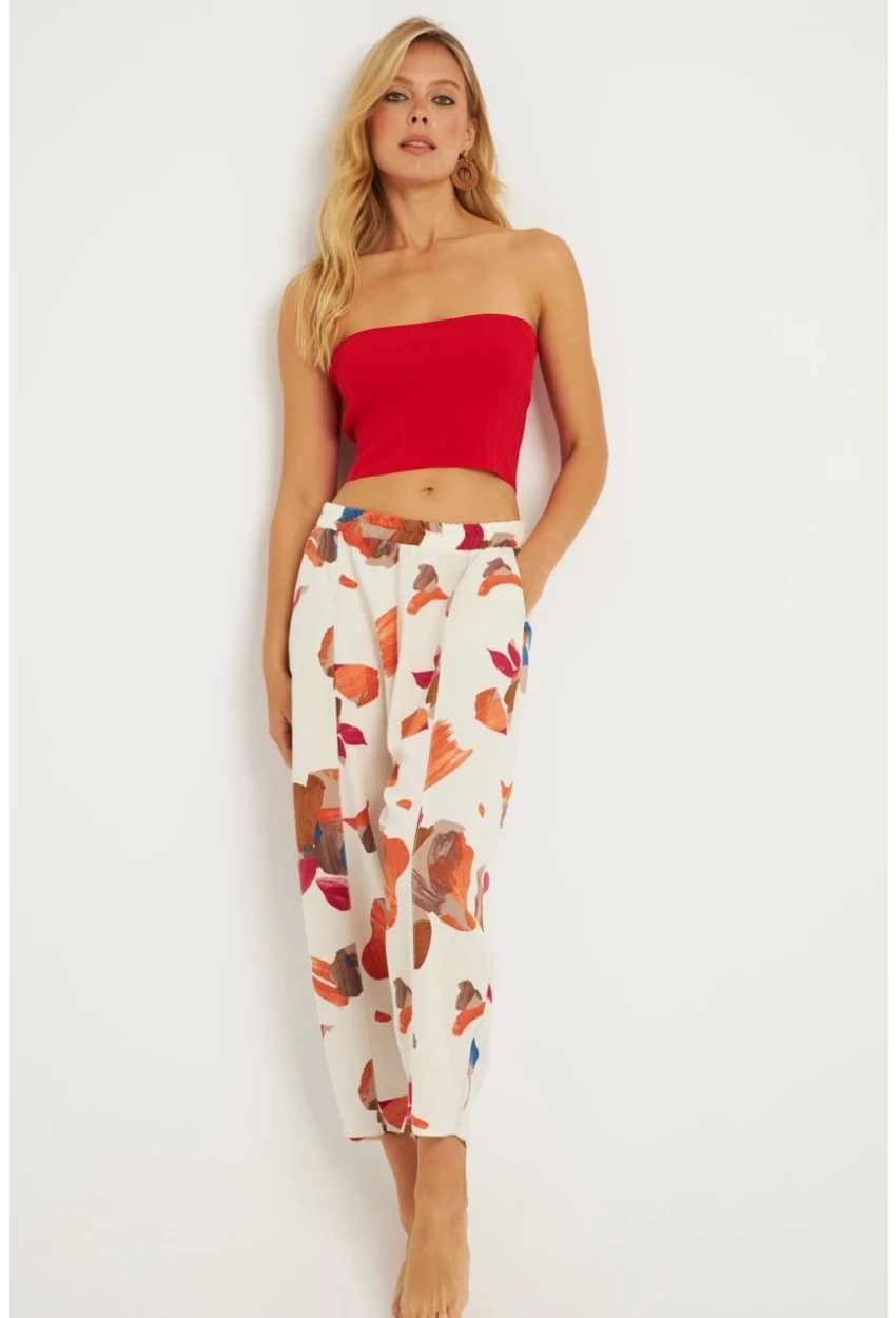 Kadın Ekru-Kahve Desenli Keten Şalvar Pantolon K1253